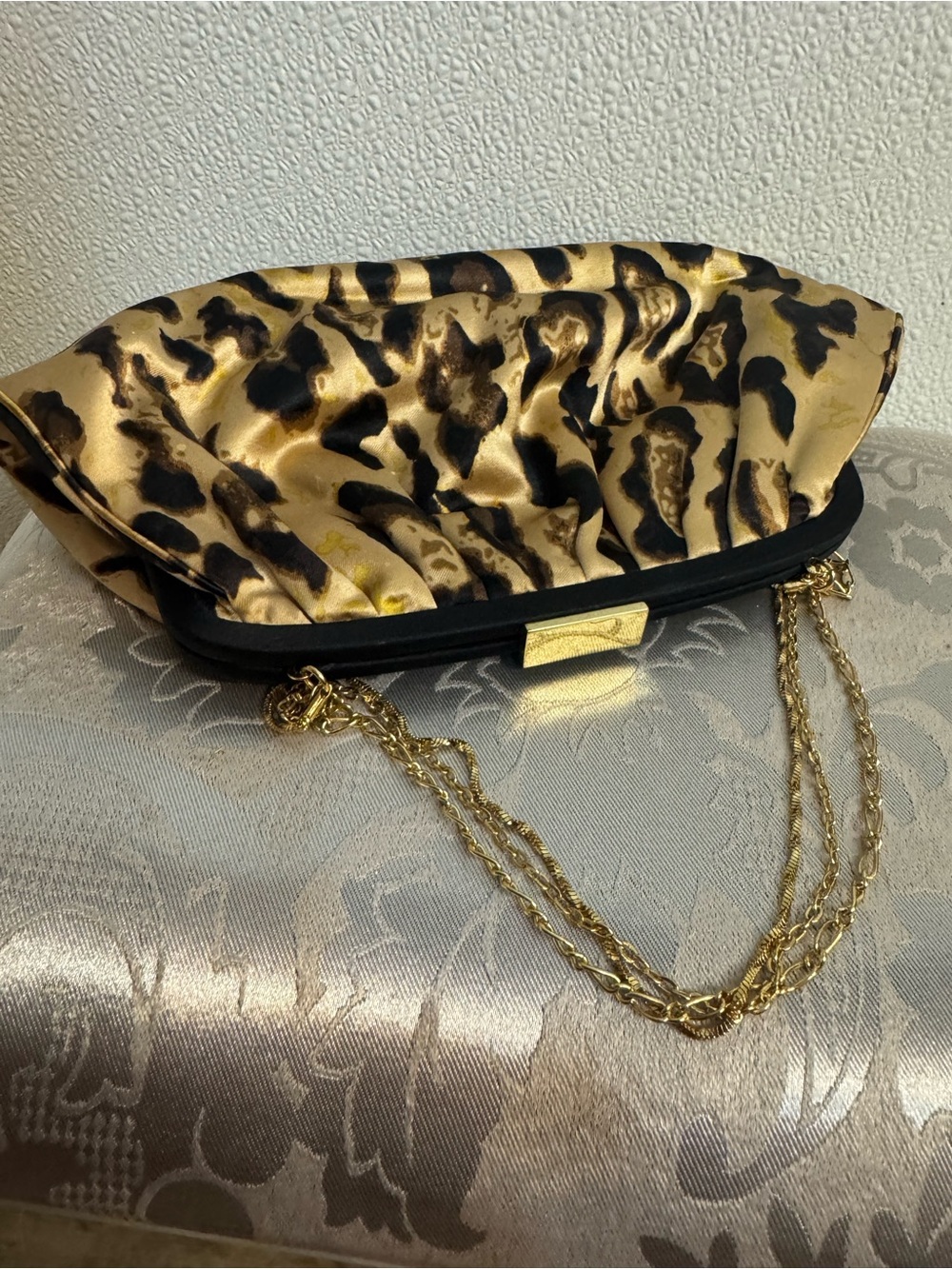 Banana Republic Gold and Black Leopard Satin Chain Clutch (E-37)